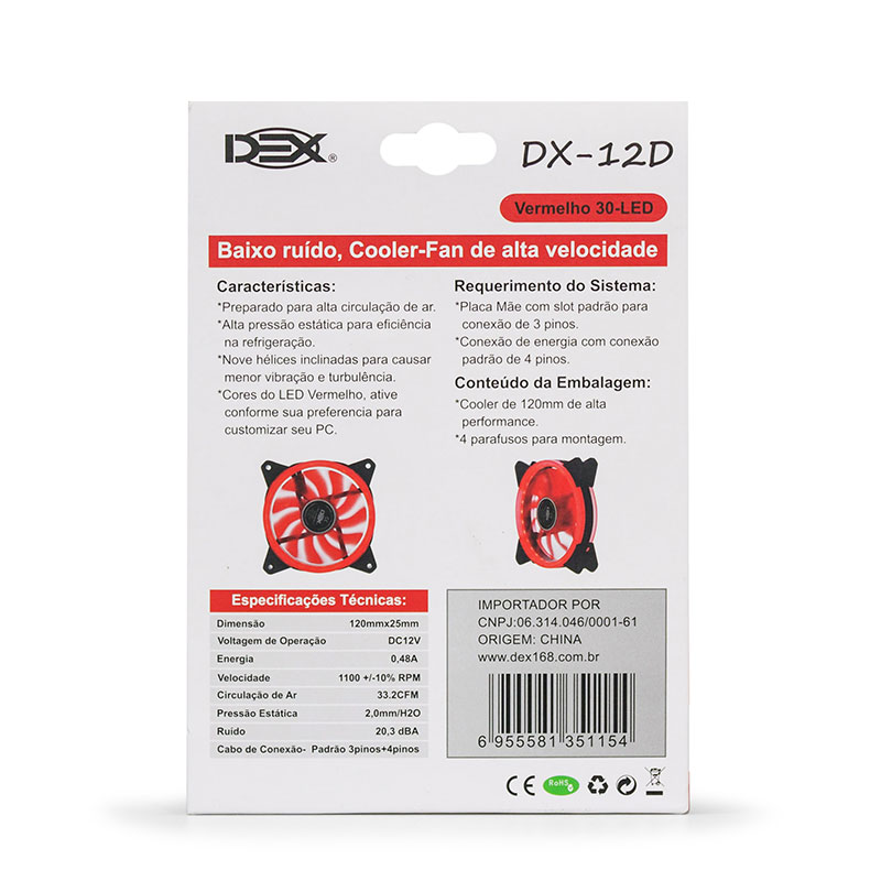Cooler 120mm Com Led Dupla Face Vermelho Dx-12d